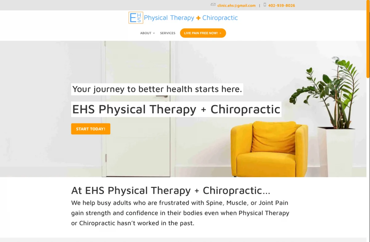 screenshot of the homepage of omaha's ehs physical therapy and chiropractic website